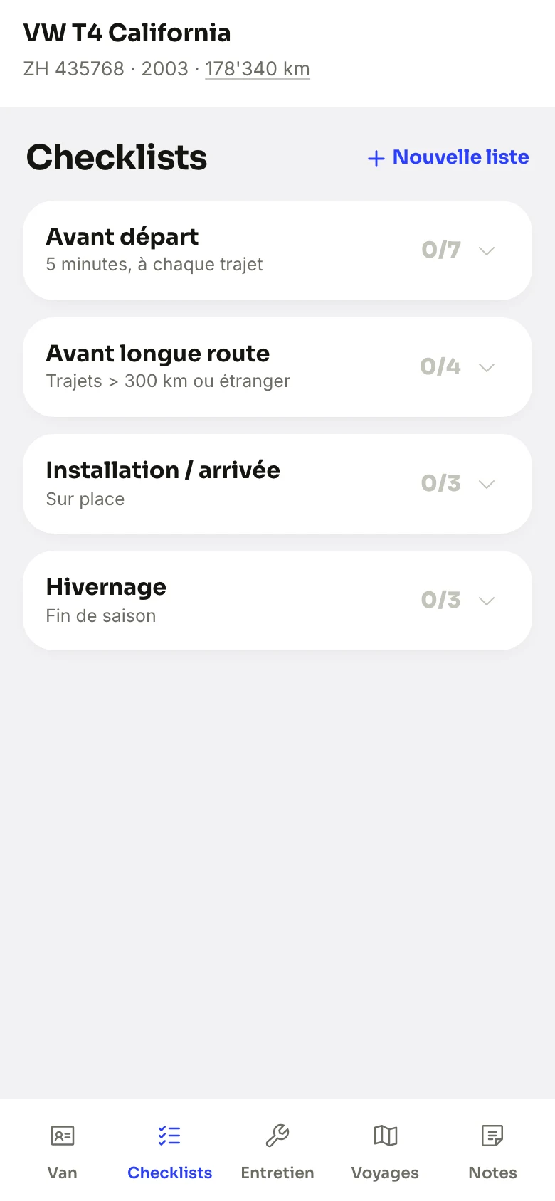 The Checklists screen of MyVanPal: before leaving, before a long drive, setting up, winter storage