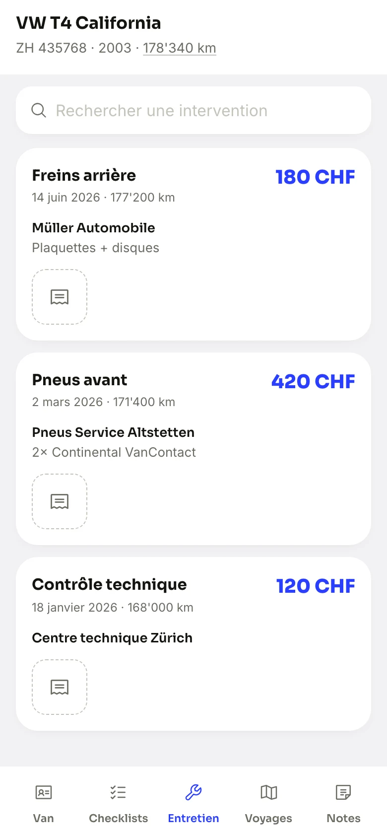 Service history in MyVanPal: rear brakes 180 CHF, front tyres 420 CHF, roadworthiness test 120 CHF