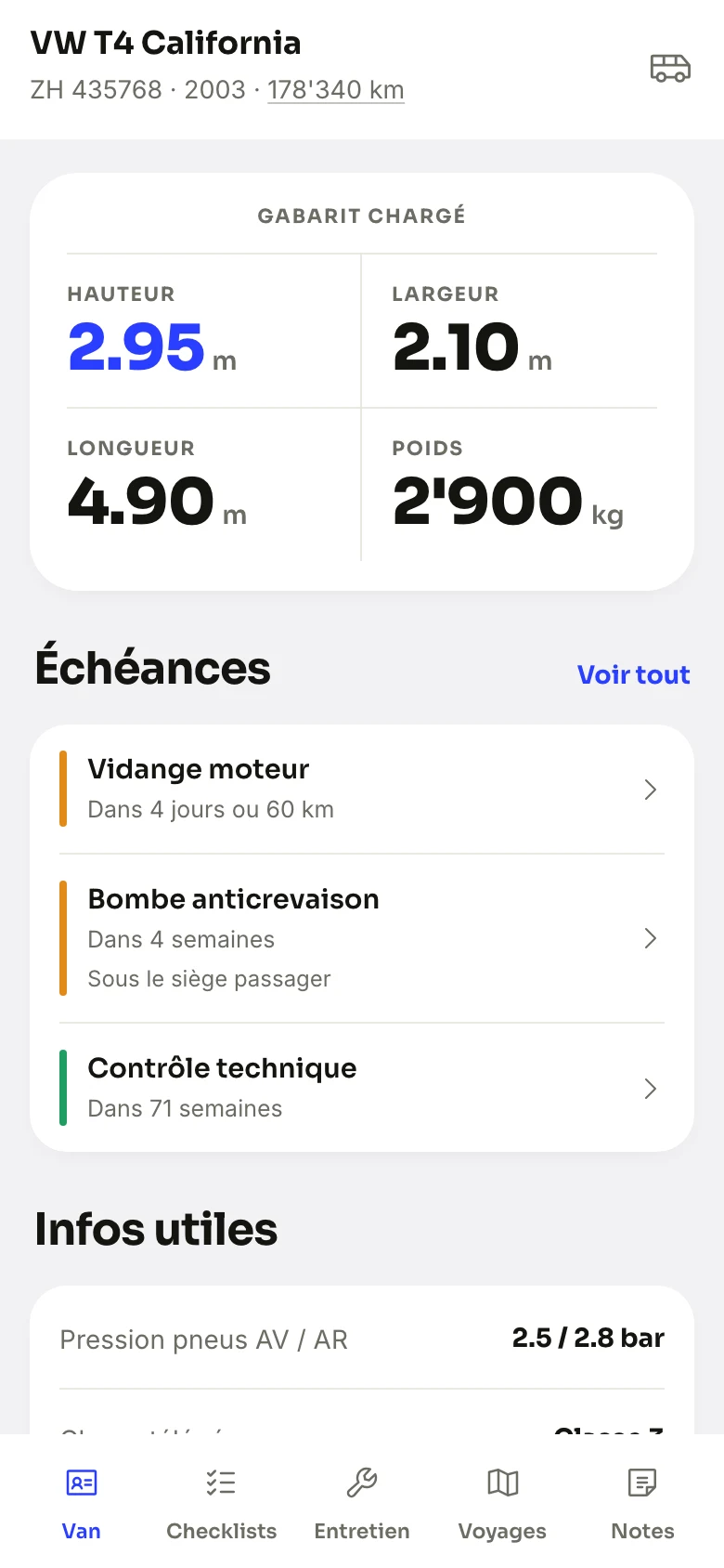 The home screen of MyVanPal: the van dimensions in large type and its next due dates